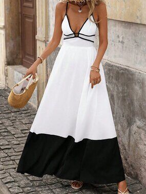 Black And White Casual Women's Vacation Deep V-Neck Contrast Color Maxi Dress